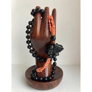 Black Onyx? Necklace with bits of Coral? 16" drop